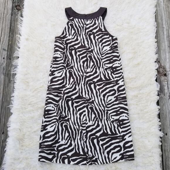 Zebra Print Dress LOFT Size 0 Brown White Stretch Sleeveless Beaded Collar - Picture 8 of 9
